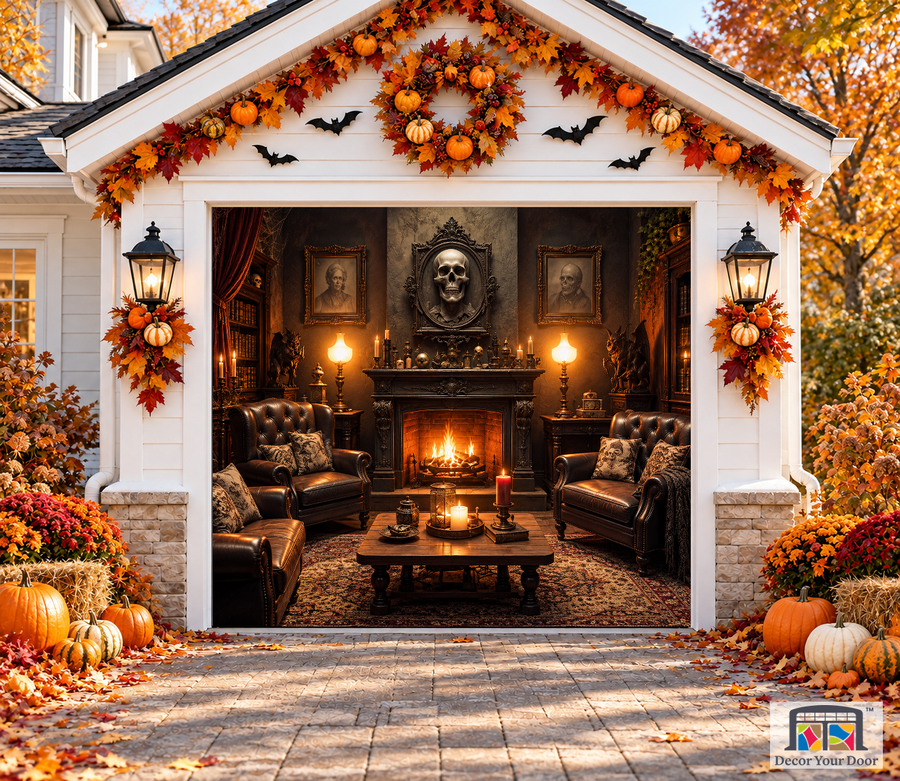 Haunting Living Room & Skull garage door cover — one-car garage front view