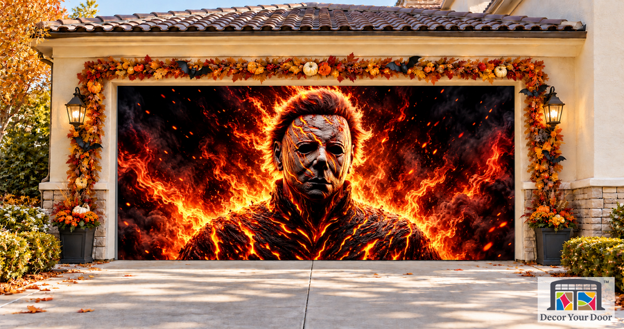 Michael Myers Burning Scene garage door cover — two-car garage front view