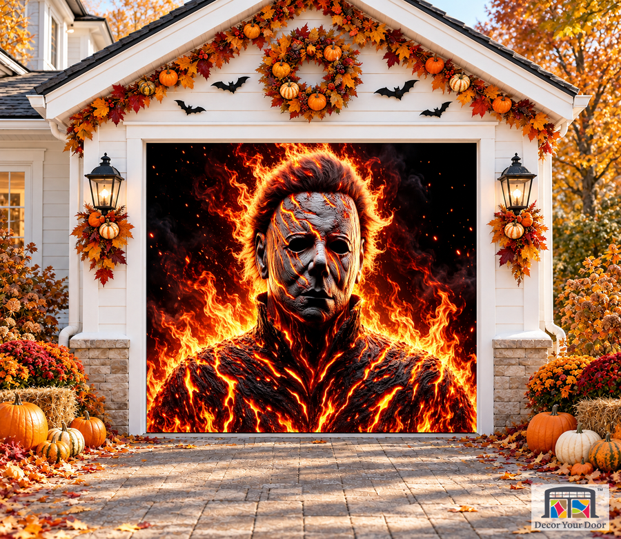 Michael Myers Burning Scene garage door cover — one-car garage front view