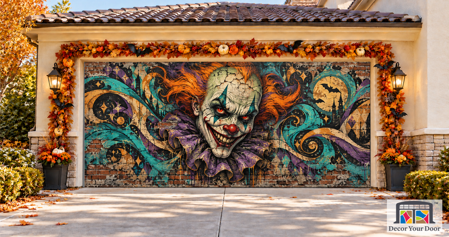 Graffiti Nightmare Halloween garage door cover – Two Car front view