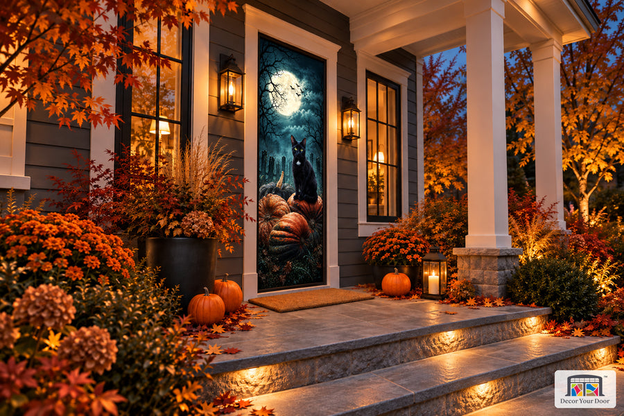 Black Cat and Pumpkins Halloween front door cover shown from an angle on an autumn porch.