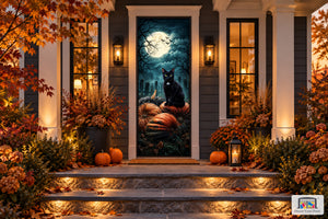 Black Cat and Pumpkins Halloween Front Door Cover