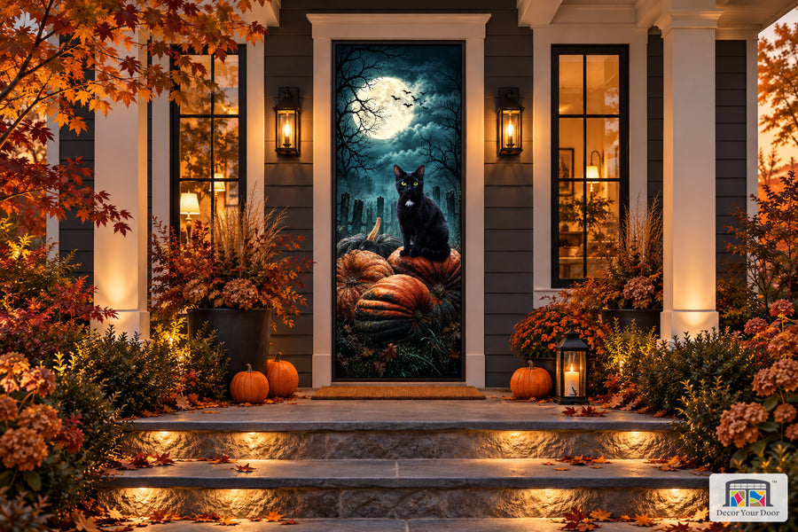 Black Cat and Pumpkins Halloween front door cover on an autumn porch, front view.