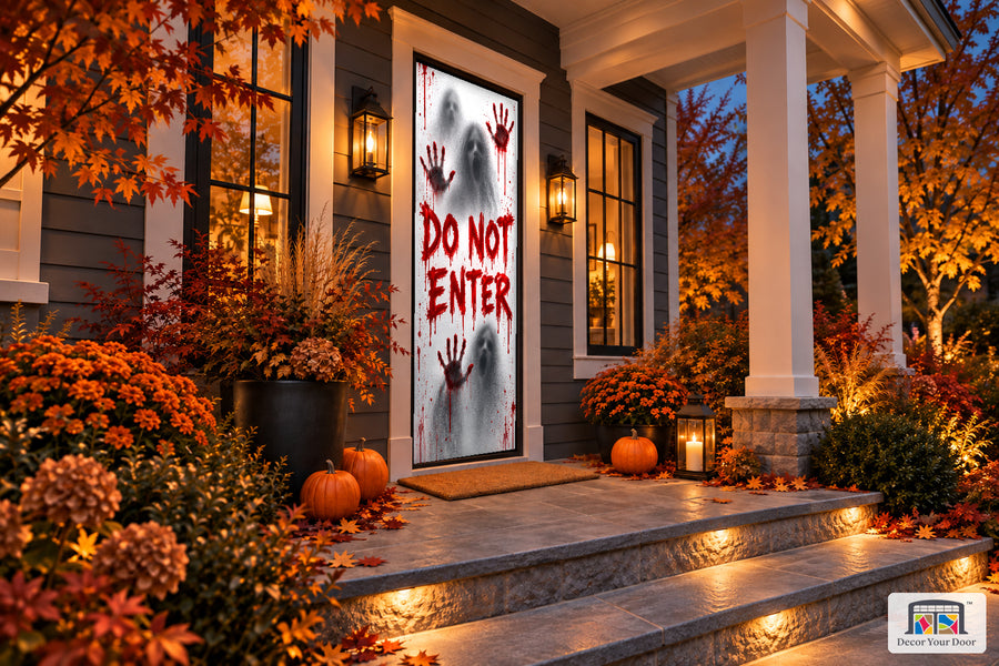 Bloody Handprints Halloween front door cover shown from an angle on an autumn porch.