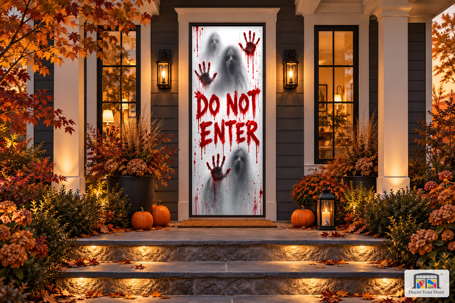 Bloody Handprints Halloween front door cover on an autumn porch, front view.