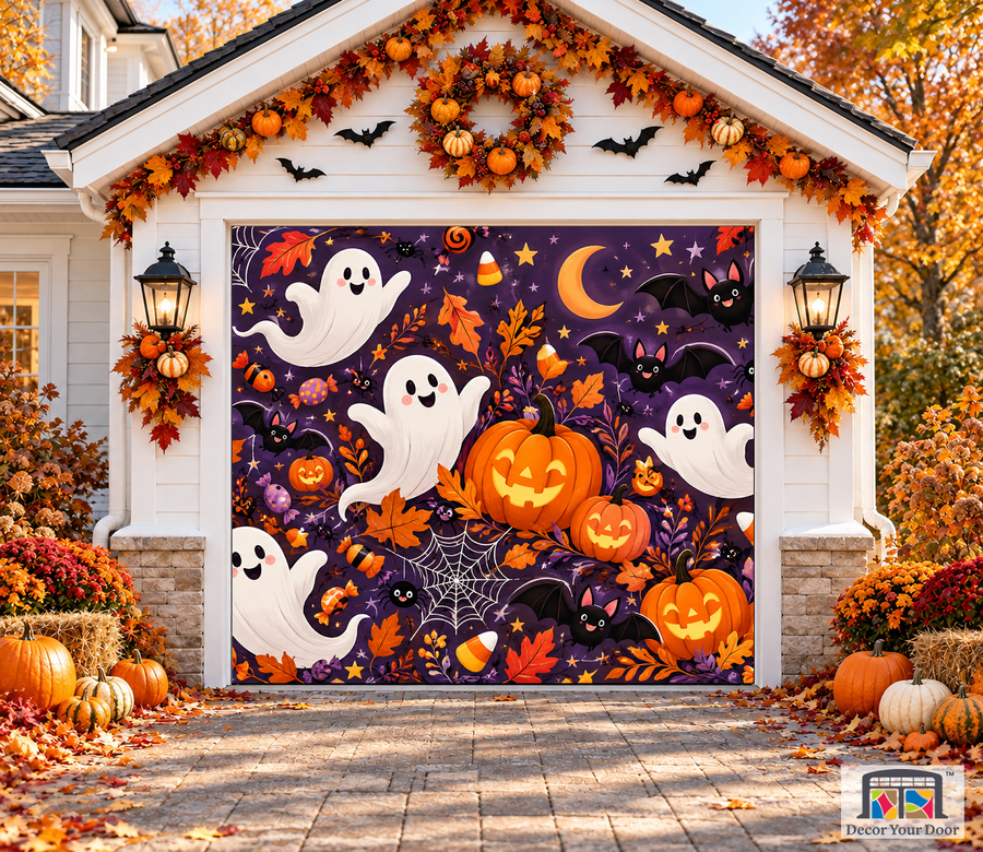 Halloween Confetti Halloween garage door cover – One Car front view