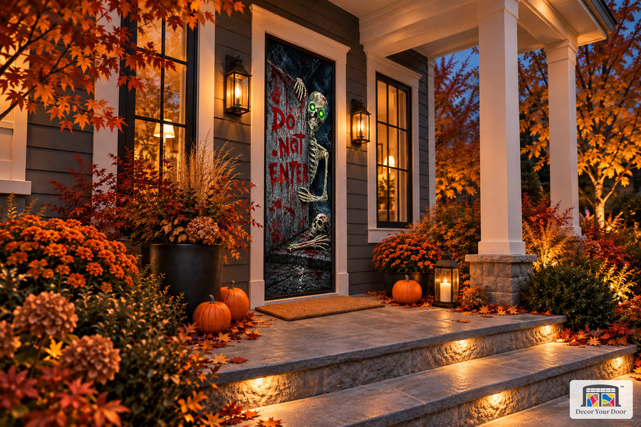 Do Not Enter Skeleton Halloween front door cover shown from an angle on an autumn porch.