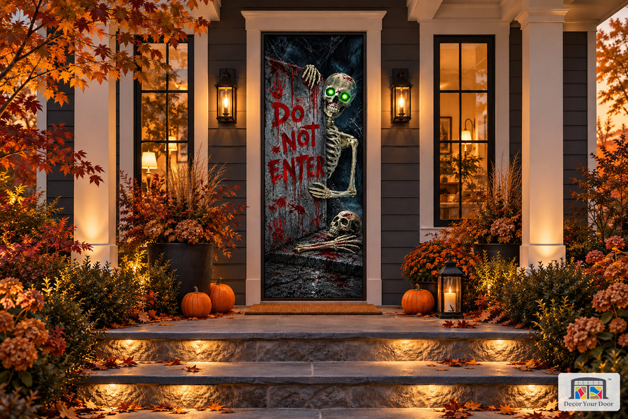 Do Not Enter Skeleton Halloween front door cover on an autumn porch, front view.