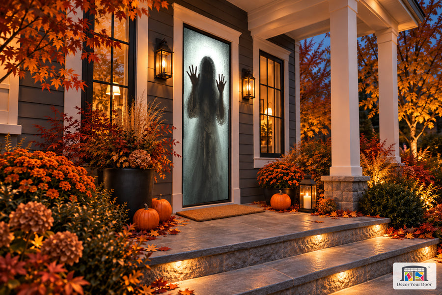 Ghost Woman Halloween front door cover shown from an angle on an autumn porch.