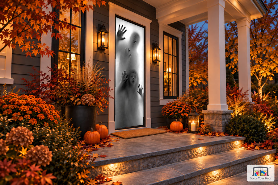 Ghostly Shadows Halloween front door cover shown from an angle on an autumn porch.