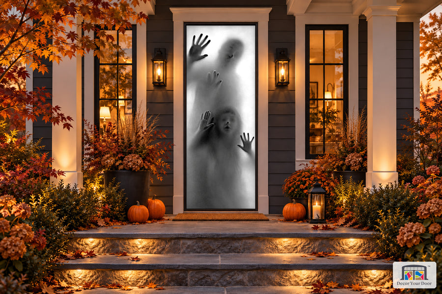 Ghostly Shadows Halloween front door cover on an autumn porch, front view.