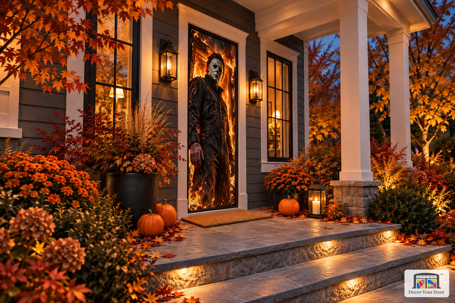 Michael Myers Close-Up Halloween front door cover shown from an angle on an autumn porch.