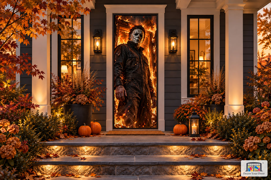 Michael Myers Close-Up Halloween front door cover on an autumn porch, front view.