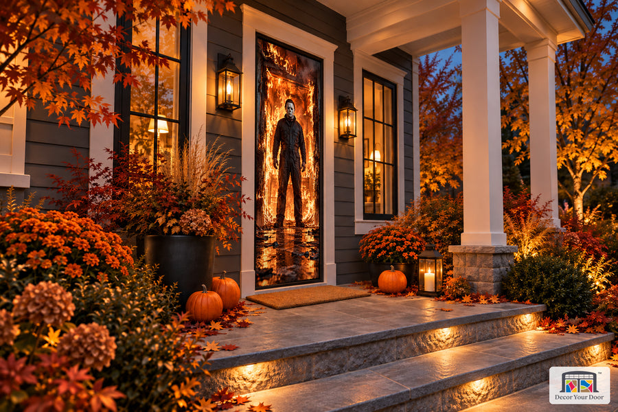 Michael Myers Inferno Halloween front door cover shown from an angle on an autumn porch.