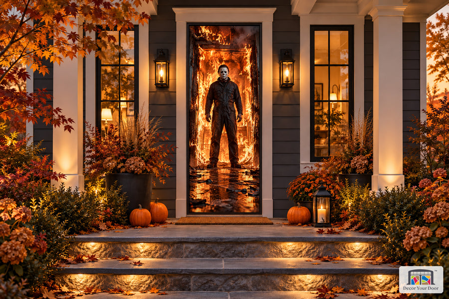 Michael Myers Inferno Halloween front door cover on an autumn porch, front view.