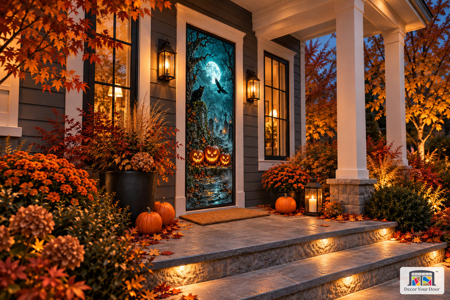 Moonlit Cemetery Halloween front door cover shown from an angle on an autumn porch.