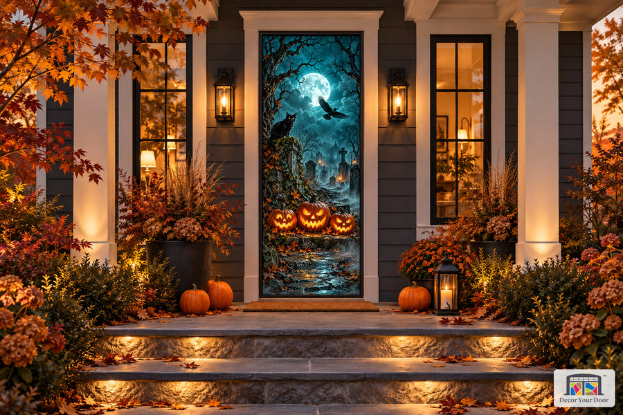 Moonlit Cemetery Halloween front door cover on an autumn porch, front view.