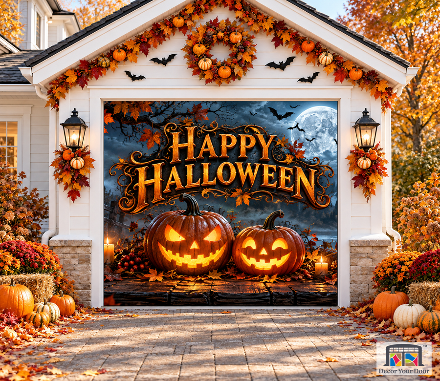 Halloween Moonlit Greeting Halloween garage door cover – One Car front view
