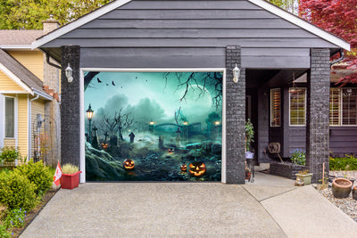 Lanterns In Graveyard In The Spooky Night Halloween Garage Door Cover Banner Backdrop