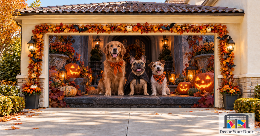 Halloween Porch Pups Garage Door Cover — two car front mockup