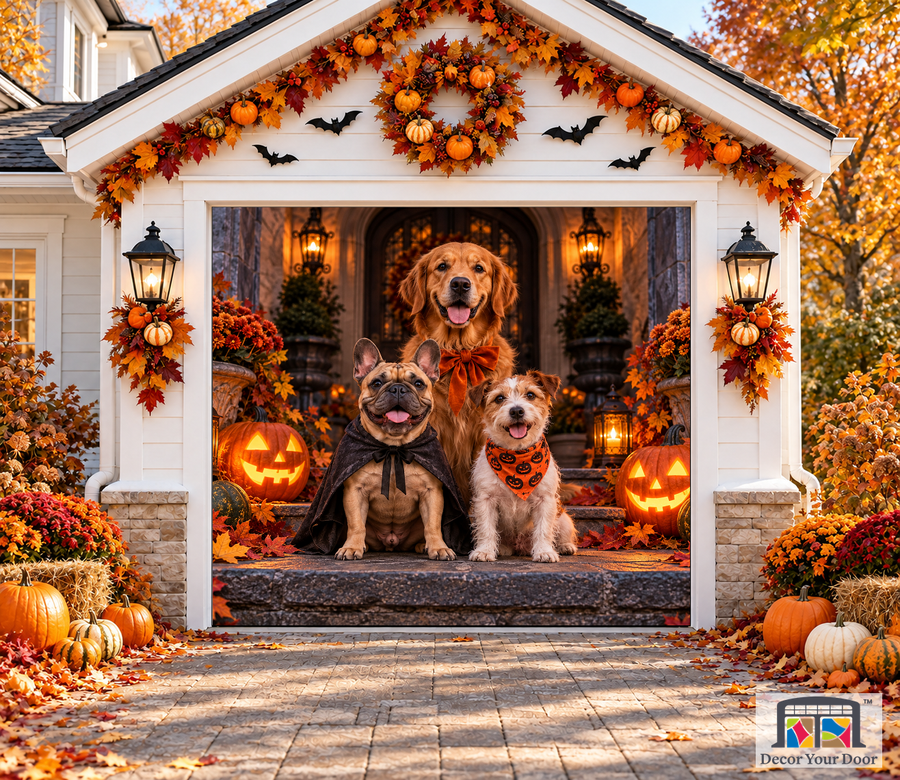 Halloween Porch Pups Garage Door Cover — one car front mockup