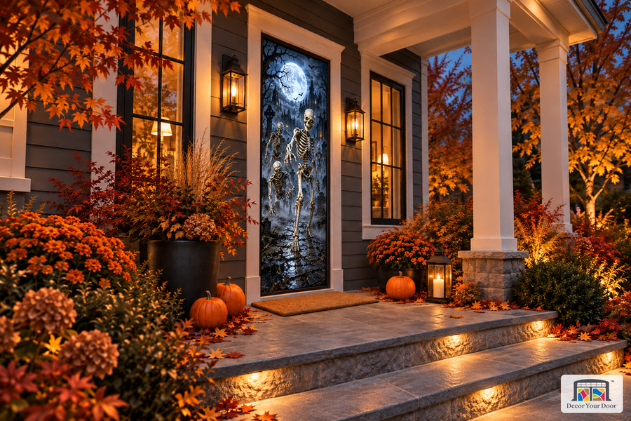 Skeleton Graveyard Halloween front door cover shown from an angle on an autumn porch.