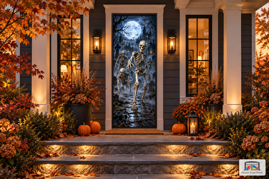 Skeleton Graveyard Halloween front door cover on an autumn porch, front view.