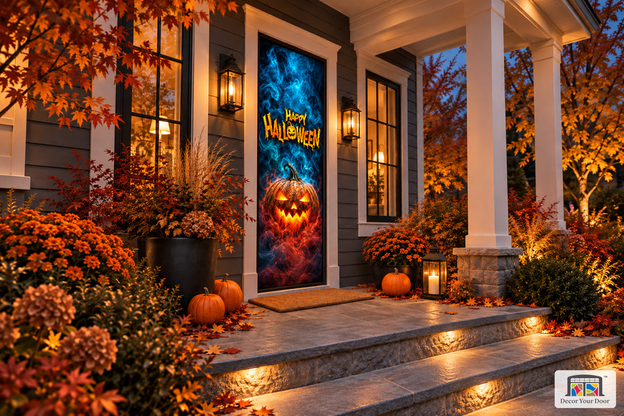 Smoking Pumpkin Halloween front door cover shown from an angle on an autumn porch.