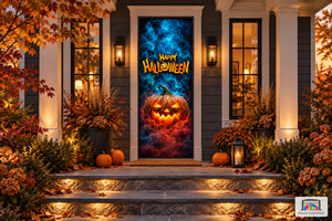 Smoking Pumpkin Halloween Front Door Cover