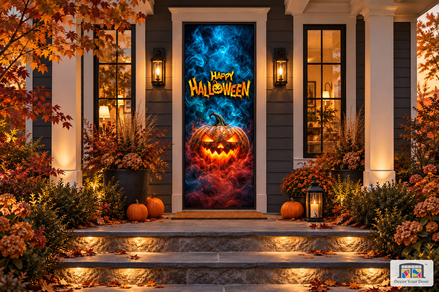 Smoking Pumpkin Halloween front door cover on an autumn porch, front view.