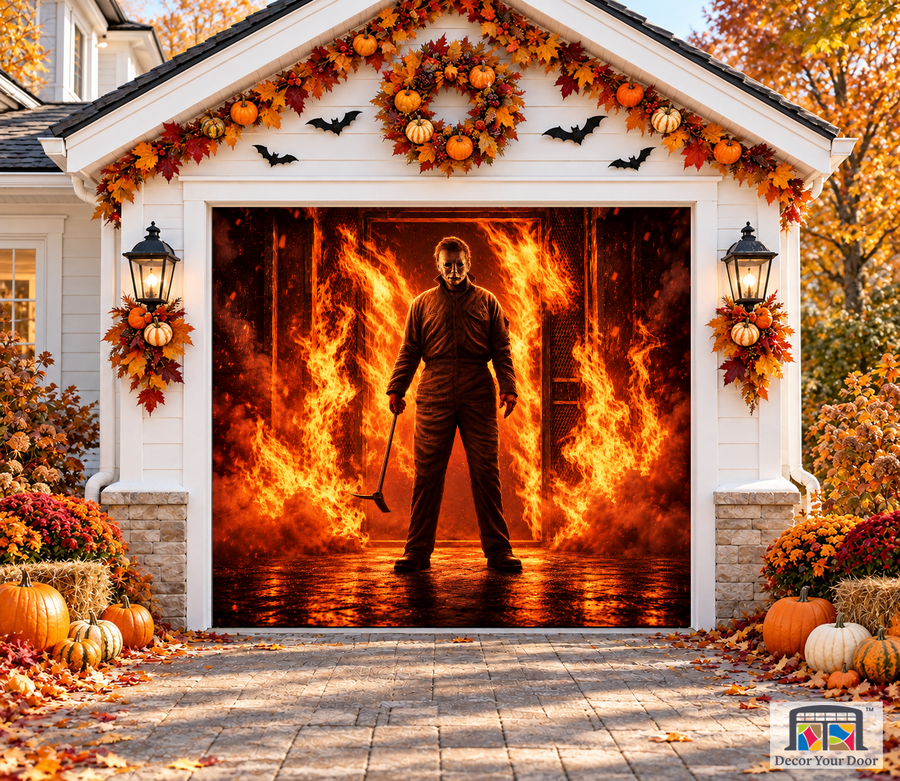 Michael Myers Burning Entrance II Halloween Garage Door Cover — one-car front view