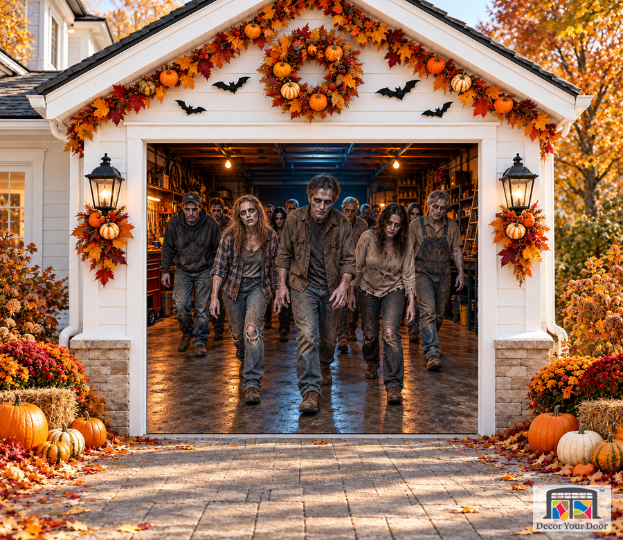 Zombies Emerging Halloween Garage Door Cover — one-car front view