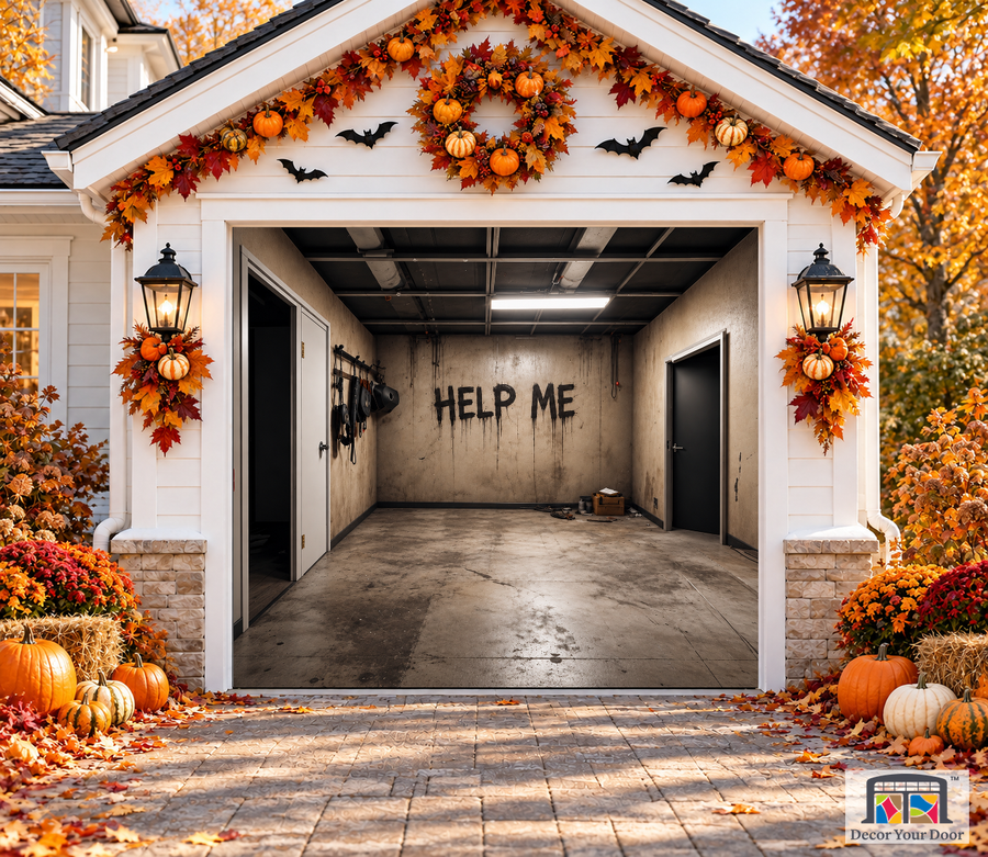 Creepy HELP ME Garage Room Halloween Garage Door Cover — one-car front view