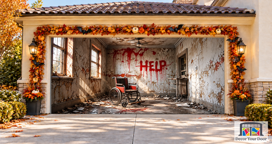 Abandoned Room with Wheelchair Halloween Garage Door Cover — two-car front view