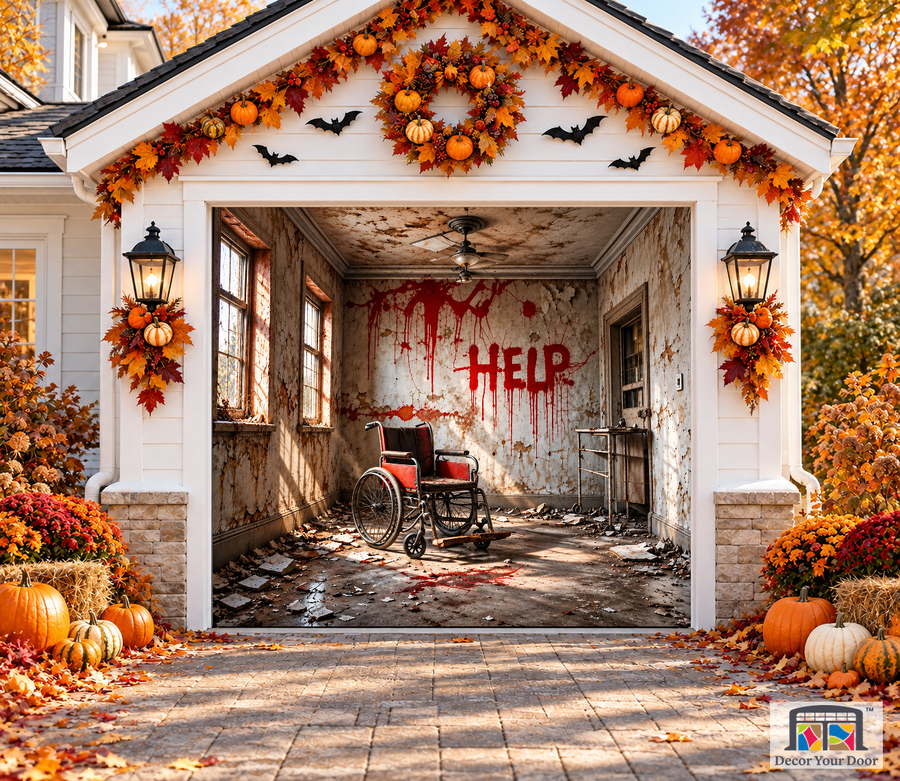 Abandoned Room with Wheelchair Halloween Garage Door Cover — one-car front view