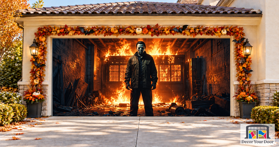 Michael Myers Fiery Flames Halloween Garage Door Cover — two-car front view