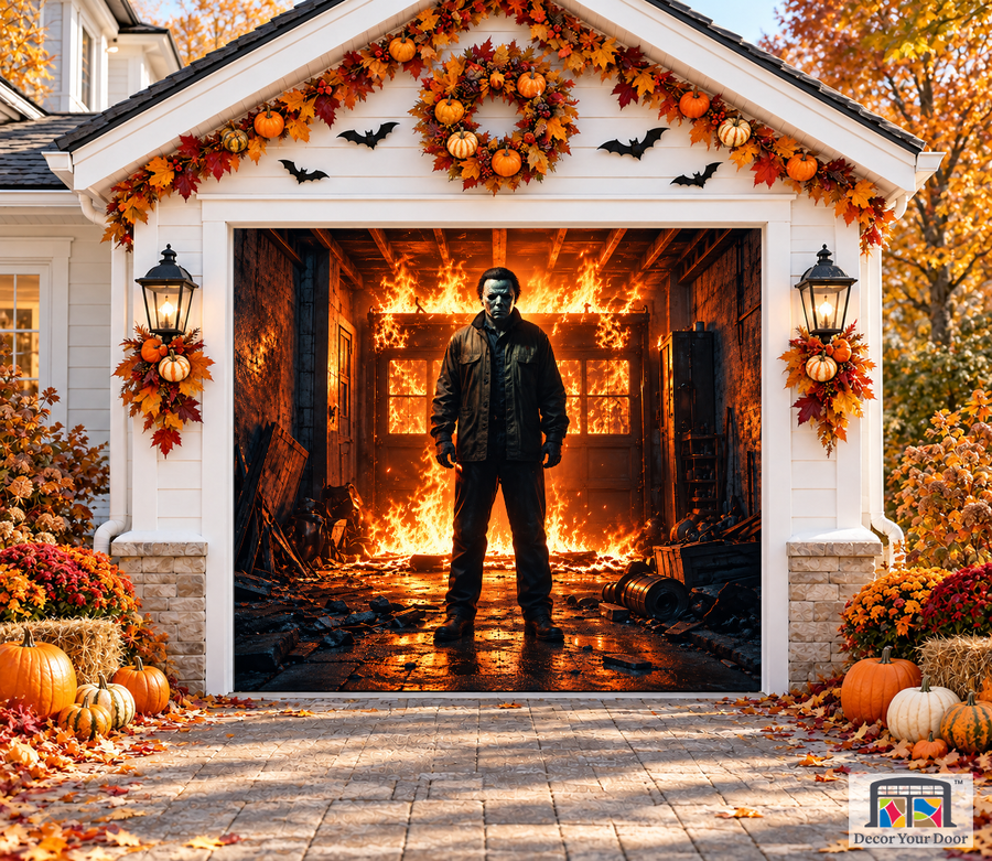 Michael Myers Fiery Flames Halloween Garage Door Cover — one-car front view
