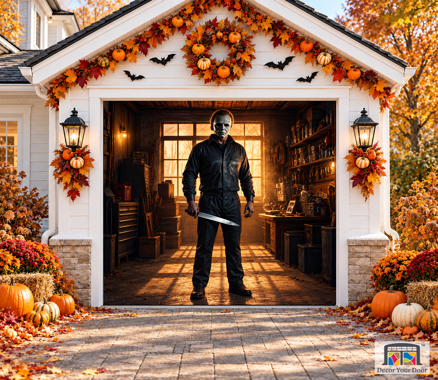 Michael Myers Sinister Standoff Halloween Garage Door Cover — one-car front view