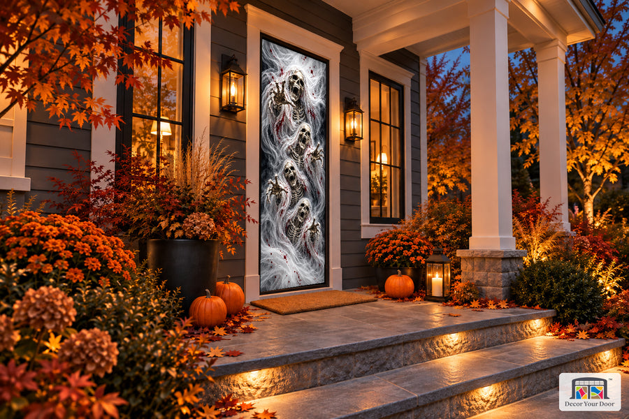 Spectral Skeletons Halloween front door cover shown from an angle on an autumn porch.