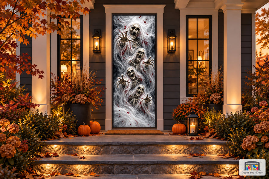 Spectral Skeletons Halloween front door cover on an autumn porch, front view.