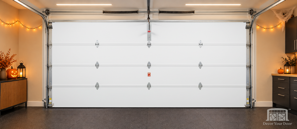 Bare two-car interior sectional garage door in the approved Halloween room