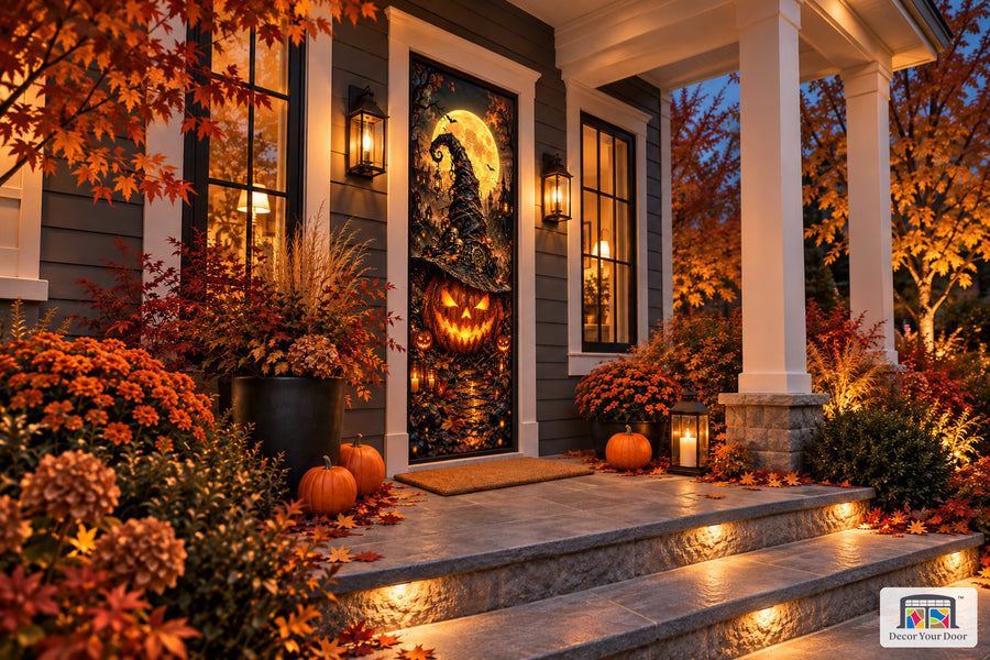 Witch Hat Pumpkin Halloween front door cover shown from an angle on an autumn porch.