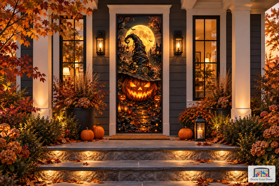 Witch Hat Pumpkin Halloween front door cover on an autumn porch, front view.