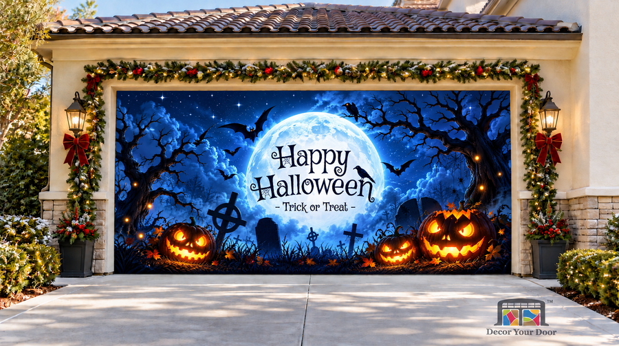 Happy Halloween Blue Moon Garage Door Cover — two-car front view