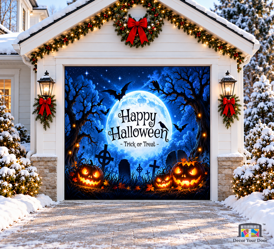 Happy Halloween Blue Moon Garage Door Cover — one-car front view