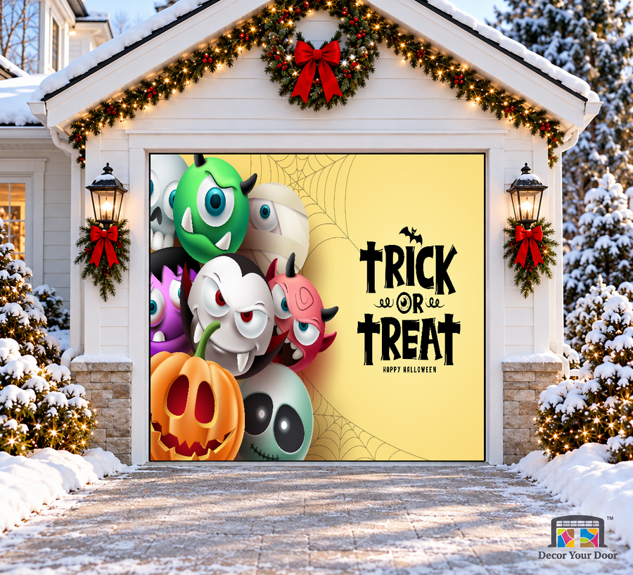 Happy Halloween Trick or Treat Monsters Garage Door Cover — one-car front view