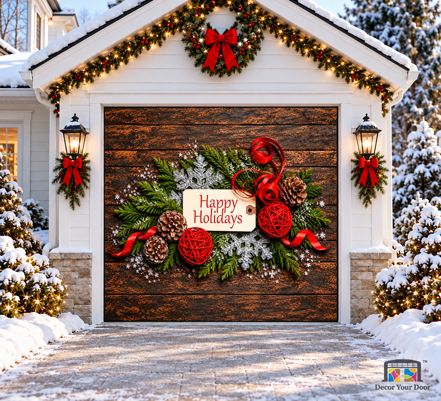 Happy Holidays Christmas Garage Door Cover — one-car garage front view