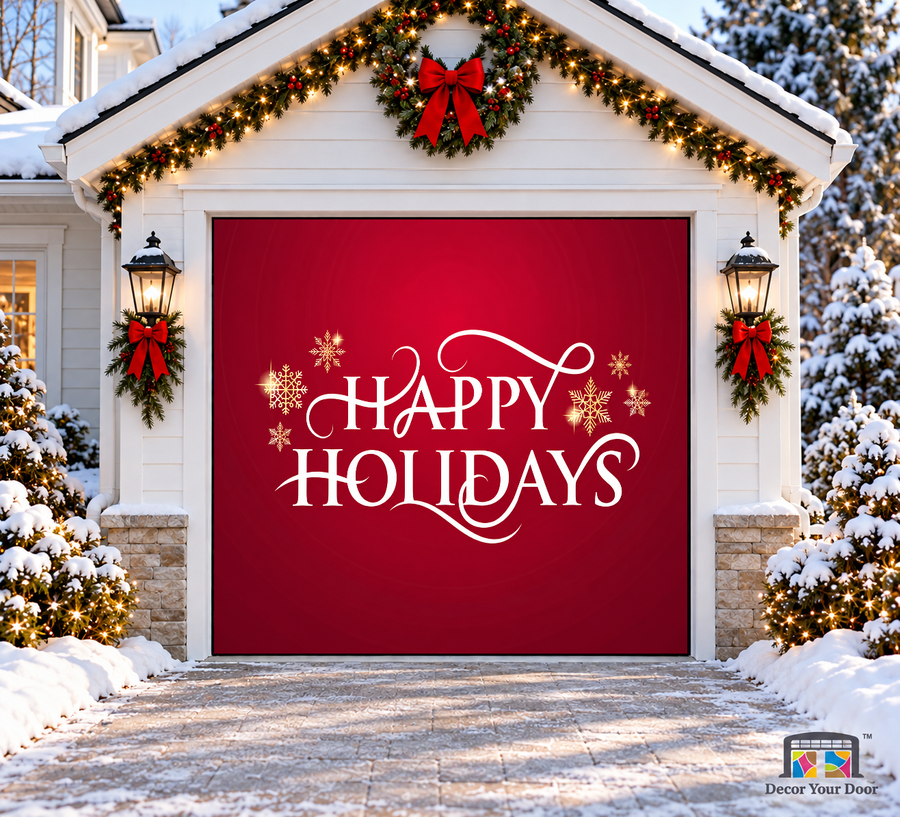 Happy Holidays Snowflakes Christmas Garage Door Cover — one-car garage front view
