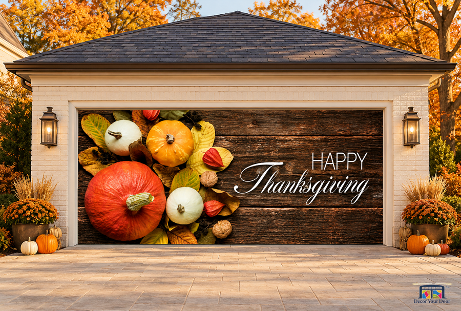 Happy Thanksgiving Harvest Pumpkins Garage Door Cover — two-car front view on a fall house