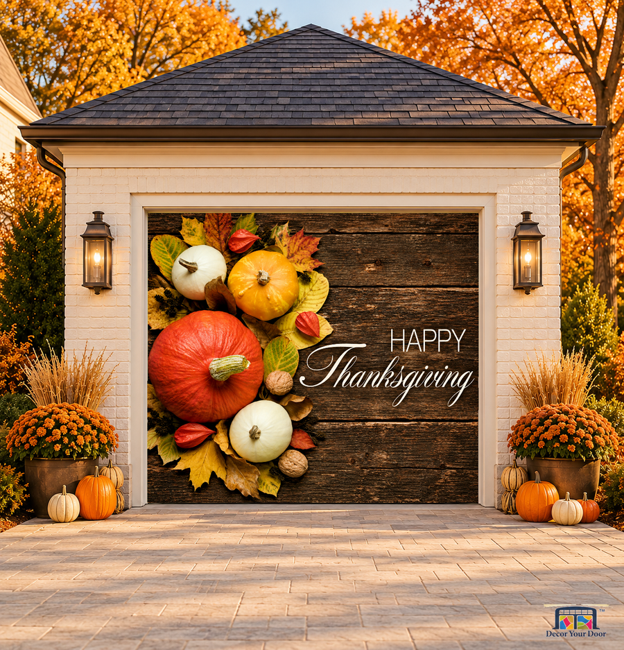 Happy Thanksgiving Harvest Pumpkins Garage Door Cover — one-car front view on a fall house